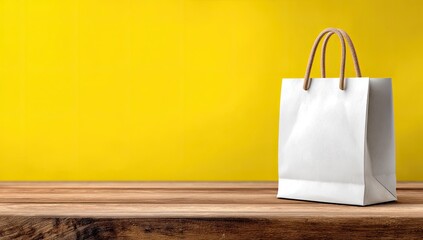 A white paper shopping bag sits on a light brown wooden surface against a vibrant yellow background