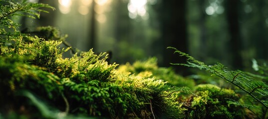 Close-up of vibrant green moss and ferns in a sunlit forest