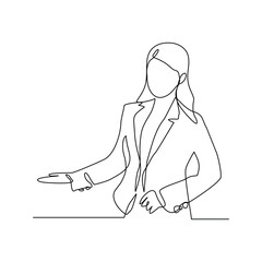 continuous line of standing business woman show presentation office meeting gesture. Vector illustration editable stroke sketch drawing of business concept