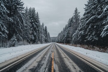 A bleak, overcast winter afternoon prior to snowfall; a snowy trail bordered by woods on either side; scenic winter landscape featuring a deserted road flanked by snow-laden trees