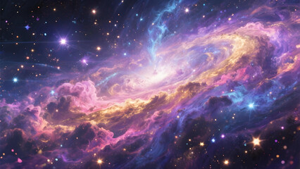 Vibrant cosmic scene with colorful nebulae, galaxies, and stars
