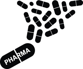 Pharmaceutical capsules forming a funnel shape with one capsule labeled pharma