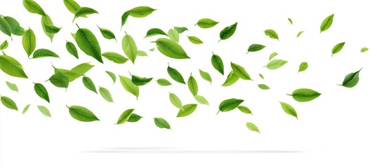 Many small, vibrant green leaves appear to be floating or falling against a white background