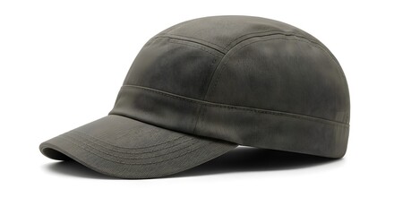 Fototapeta premium Stylish Dark Olive Green Suede Baseball Cap with Brim, Textured Fabric Headwear Isolated on White Background