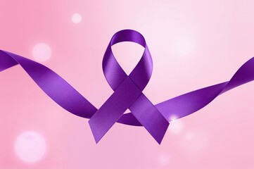 Colored background featuring purple ribbons for global cancer awareness