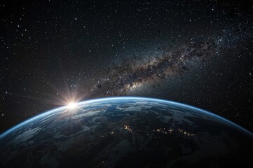 Fototapeta premium Wide-angle perspective of the planet surrounded by stars and cosmic formations. Imaginary space scene.