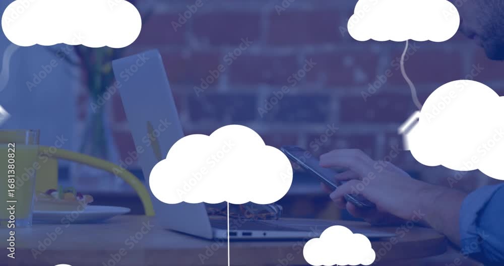 Poster animation of clouds icons over digital clouds and icons lines