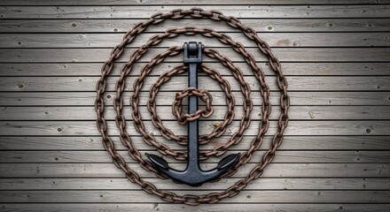 Anchor coiled with chain on wooden background