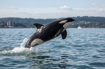 Fototapeta premium Orca jumping near the coast