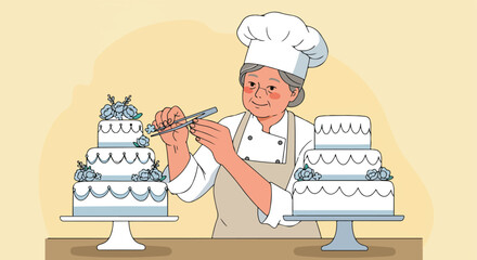 Woman decorating wedding cake with flower in the bakery shop (Illustration)