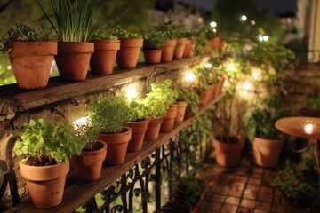 Fototapeta premium Cozy Urban Balcony Garden with Potted Herbs and Soft Lighting