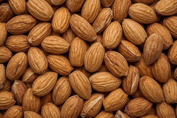 Fototapeta premium Close-up of shelled almond kernels on a bed of whole nuts, showcasing organic, nutrient-rich ingredients ideal for healthy baking and food preparation.