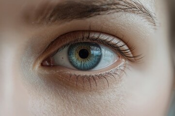 Obraz premium Close-up of a flawless blue eye in a clean setting with ultra-high 6k resolution, symbolizing future insight and wellness. Focused gaze aiming directly at the goal.