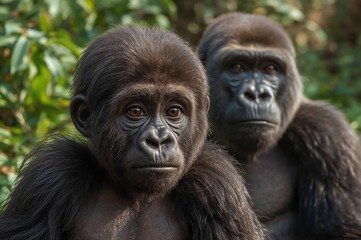 Fototapeta premium Close-up of a young untamed gorilla in its natural habitat