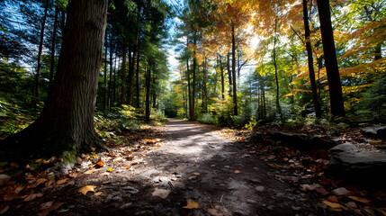 A peaceful hike along a forest path surrounded by fal colors under a sunny sky