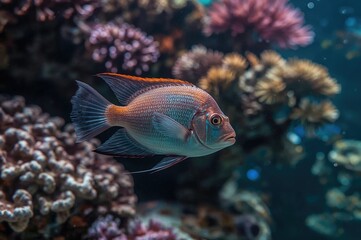 Fototapeta premium Picture of a colorful marine fish swimming among coral in a tank