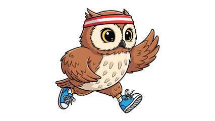 The Energetic Runner: A charming cartoon owl with a determined expression and a stylish headband sprints enthusiastically, showcasing the joy of running and the spirit of health.