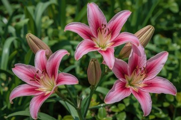 Naklejka premium Green garden backdrop with blooming pink lilies