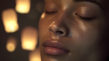 Serene portrait of a woman meditating with closed eyes and glowing lanterns in the background.