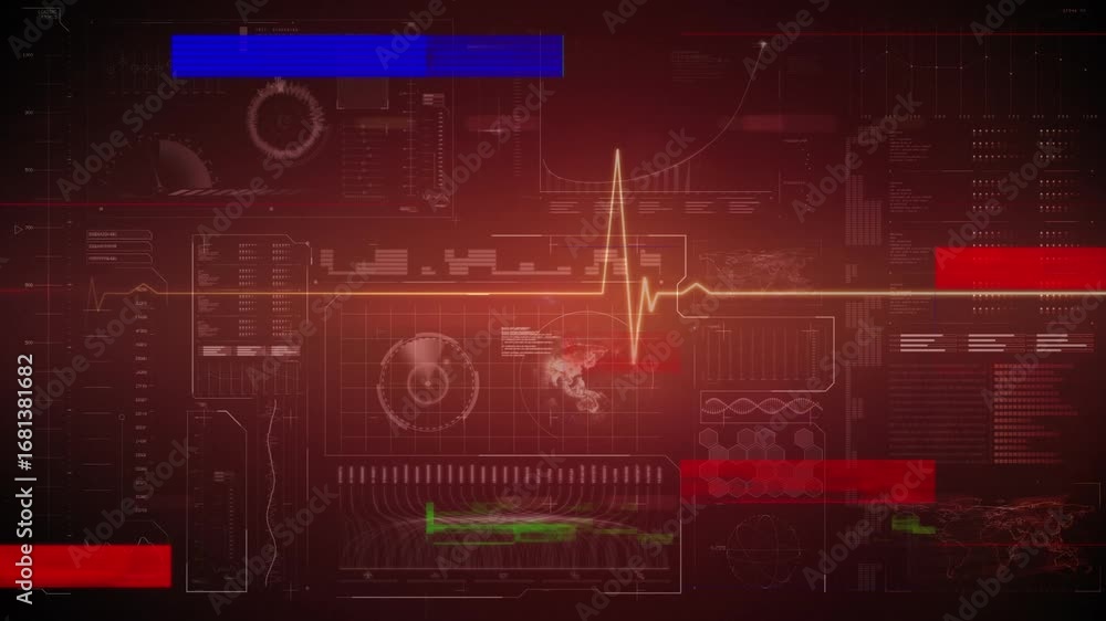 Poster animation of red digital screen with diverse data processing, heart rate and glitch