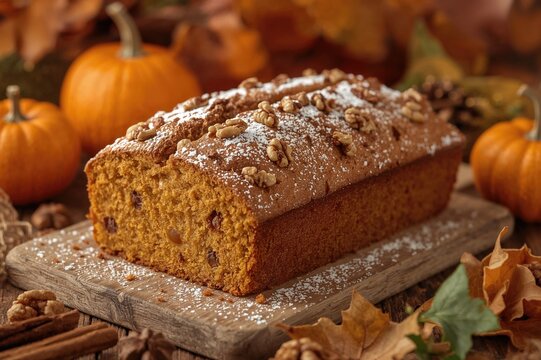 Spiced pumpkin loaf with walnuts and cinnamon for a cozy autumn treat