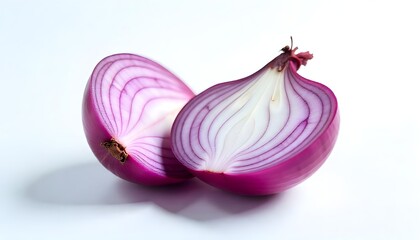 A halved red onion isolated on a clean white background, studio lighting, sharp focus, showcasing the intricate layers and textures.