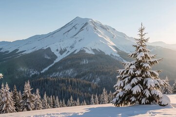 Snow-covered mountain peak at 2717 meters with winter trees and sunlight