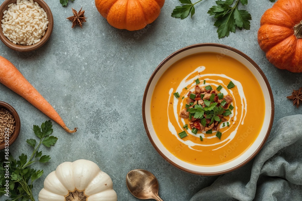 Poster nutritious meal idea featuring fresh autumn vegetables in a creamy pumpkin and carrot soup with ingr