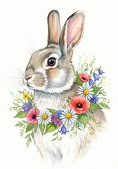 A charming, watercolor-style illustration features a bunny adorned with a colorful floral wreath. The creature is portrayed in a delicate, artistic rendering