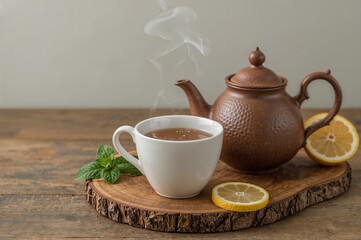 Tea with lemon and mint being poured from a teapot into a cup on a wooden surface