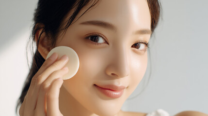 ファンデーションを塗る若い女性の美容