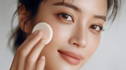 ファンデーションを塗る若い女性の美容