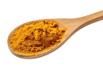 A wooden spoon filled with turmeric powder