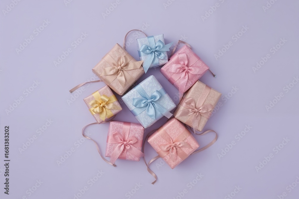 Poster stack of tiny colorful presents tied with ribbons on a purple surface. simple flat lay from above