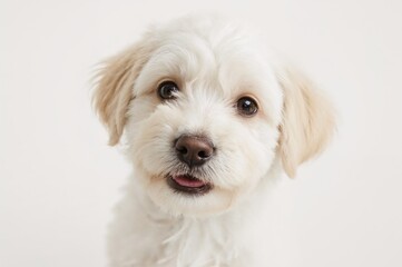 Obraz premium Close-up of an adorable young white dog against a plain white backdrop