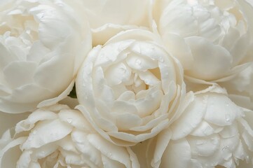 Close-up view of white peony blossoms adorned with dew drops on the petals. Gentle texture and soft lighting evoke a tender and graceful atmosphere. Pastel floral backdrop with a light and airy feel.