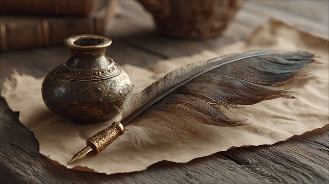 Vintage feather quill and brass ink pot resting on soft beige blank parchment