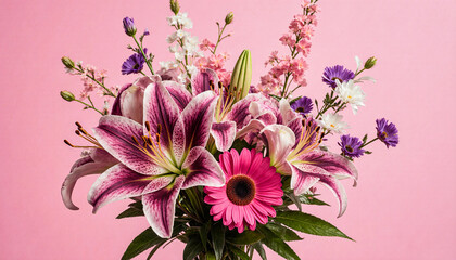Mixed Flower Bouquet with Lilies and Daisies on a Pink Background, Romance and Celebration