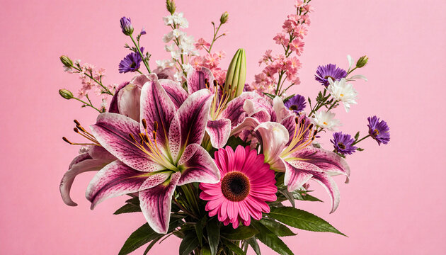 Mixed Flower Bouquet with Lilies and Daisies on a Pink Background, Romance and Celebration