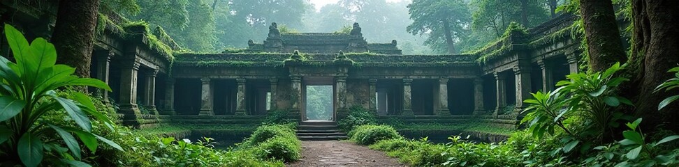Fototapeta premium Ancient stone ruins overtaken by lush rainforest vegetation, moss-covered walls and overgrown temples shrouded in mist , vibrant, jungle