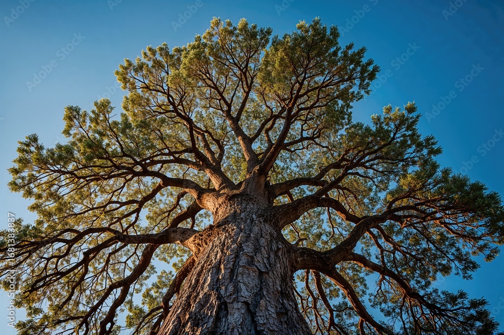Poster view of a tree canopy against the sky in a summer forest setting