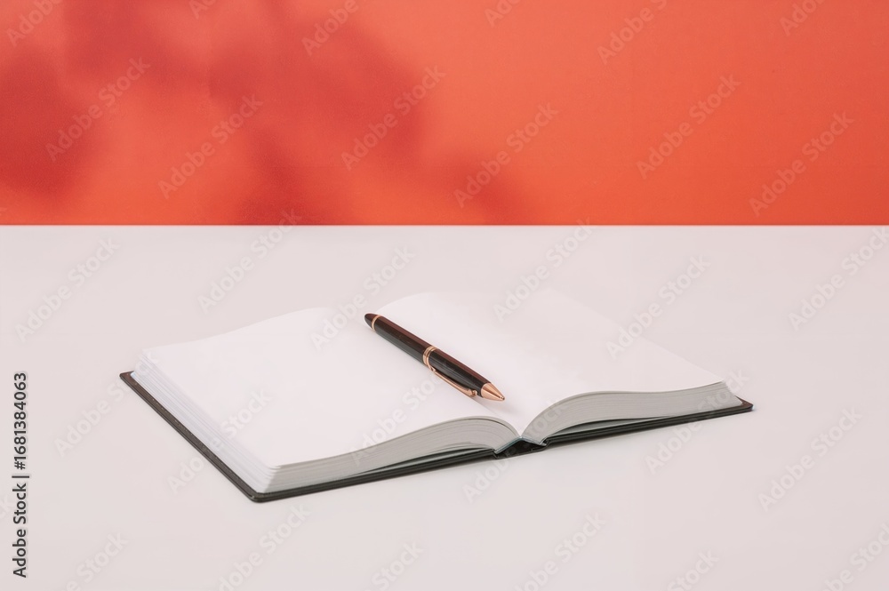 Poster pen resting on open notebook paper over a clean white surface, empty space available