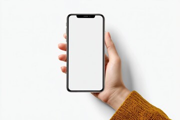 Hand holding a smartphone with blank screen against white background (1)