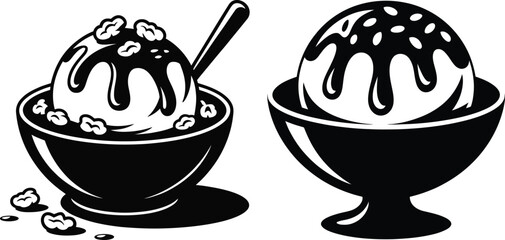 Two delicious scoops of ice cream with chocolate syrup and toppings in bowls