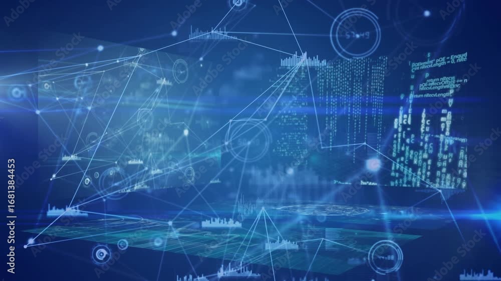 Poster animation of data processing and network of connections on blue background