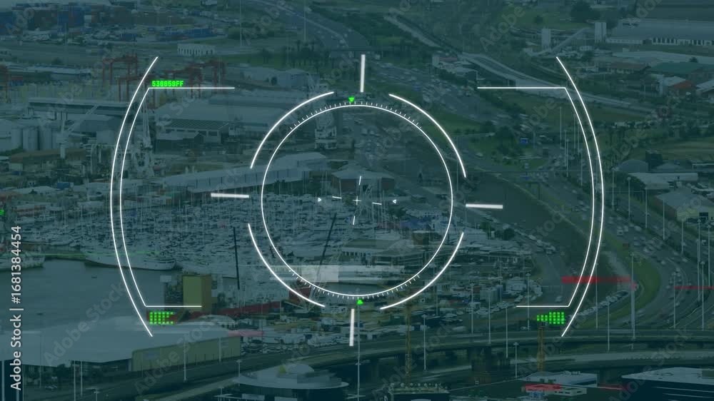 Poster animation of data processing over cityscape