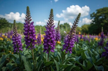Fototapeta premium Vibrant purple blossoms in a lush garden setting during summer