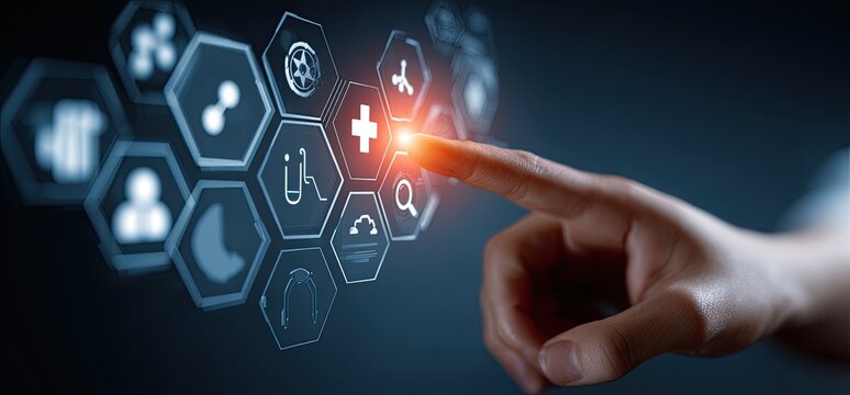 Hand interacting with a digital medical interface with various icons in hexagons