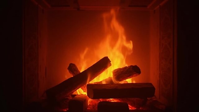 Burning Fire In The Fireplace. Warmth and home comfort. Flame of a country house. Firewood is burning in the hearth. Detailed fire background. 4K