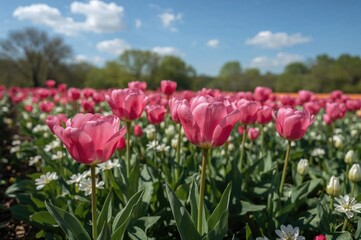 Fototapeta premium Vibrant Pink Tulips Blooming Amid Lush Greenery in Summer Garden